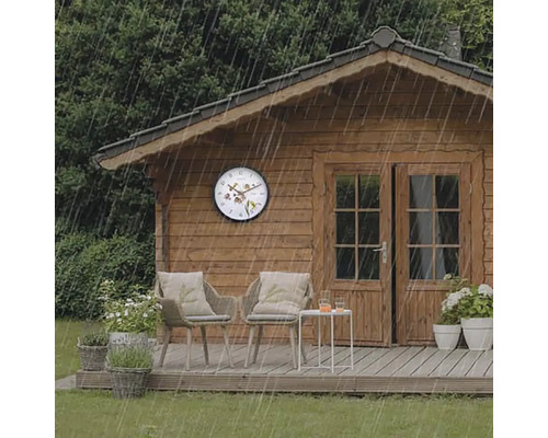 Scenă cu căsuță de grădină, mobilier de grădină și ceas de perete în ploaie.