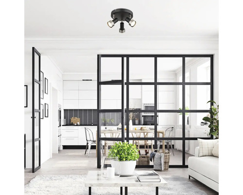 Scenă modernă de living cu plafonieră, separator de cameră și decor luminos.