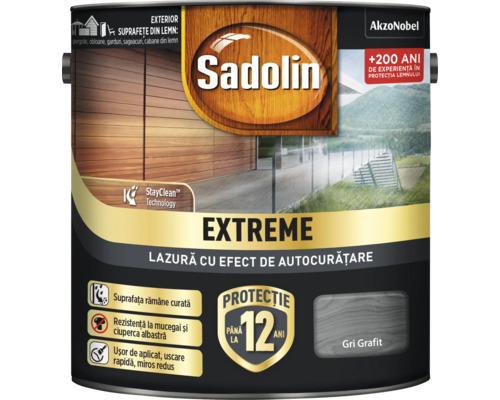 Lazură cu efect de autocurățare Sadolin Extreme gri grafit 2,5 l Conservă lazură pentru lemn Sadolin Extreme, gri grafit, pentru exterior
