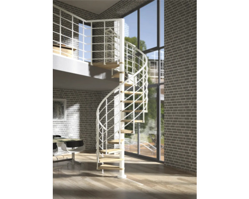 Scară spirală interior Pertura Koralia Ø 120 cm alb stejar 299 cm Imagine cu o cameră cu scară spiralată cu trepte din lemn și balustradă metalică albă.
