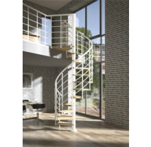 Scară spiralată cu balustradă din oțel și trepte din lemn într-o cameră modernă.