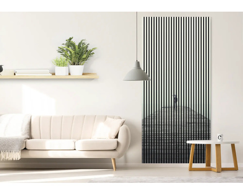 Living cu canapea, măsuță laterală, raft de perete cu plante și poster de ușă cu model în dungi și persoană