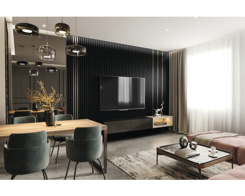 Cameră de zi cu masă de sufragerie, scaune, televizor şi canapea