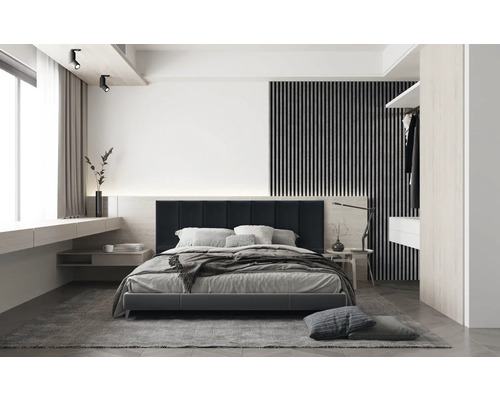 Dormitor cu pat, noptieră și iluminat