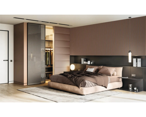 Dormitor modern cu pat, uși glisante și dressing