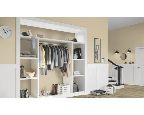 Hol luminos cu garderobă, scară și decorațiuni pentru o casă primitoare.