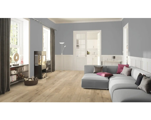 Cameră de zi cu canapea, sobă și podea laminată deschisă la culoare.