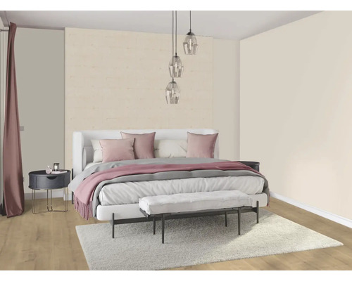 Dormitor luminos cu pat dublu, noptieră, covor și corpuri de iluminat suspendate