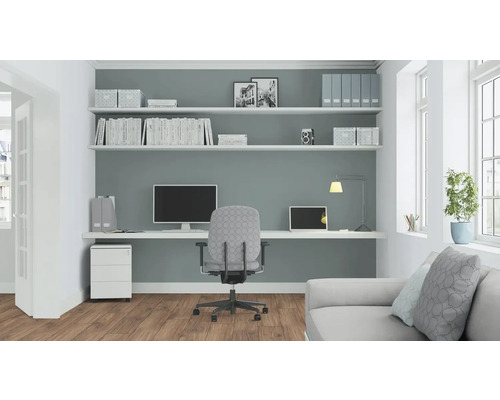 Birou cu birou, scaun de birou, rafturi și canapea pentru un spațiu de lucru organizat