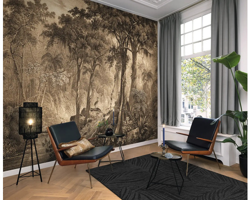 Living cu tapet cu model, fotolii, covor și lampă de podea