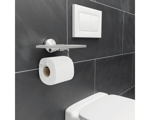 Suport pentru hârtie igienică cu raft și buton de spălare pe perete