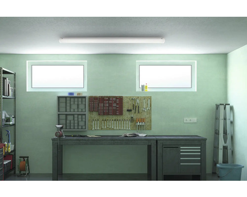 Atelier cu banc de lucru, panou de scule, rafturi, ferestre și lampă de tavan