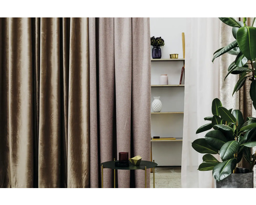 Vedere a camerei cu perdele, raft și plantă de interior