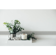 Bordură decorativă cu model meandru pe perete deasupra unei mese cu lumânare și plantă