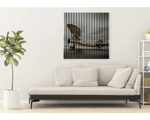 Living cu canapea și tablou de perete cu motiv aeroplan