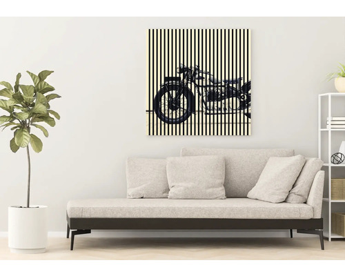 Living cu canapea și o imagine a unei motociclete cu dungi verticale