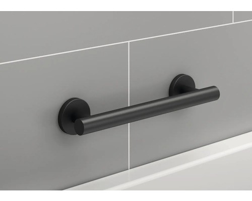 Bară de sprijin neagră pentru montaj pe perete în baie.