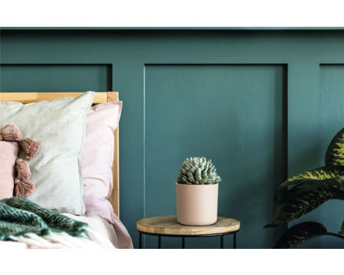 Dormitor cu pat, lambriu, măsuță laterală cu suculentă