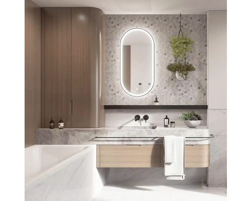 Baie cu chiuvetă, oglindă iluminată, plantă suspendată și cadă