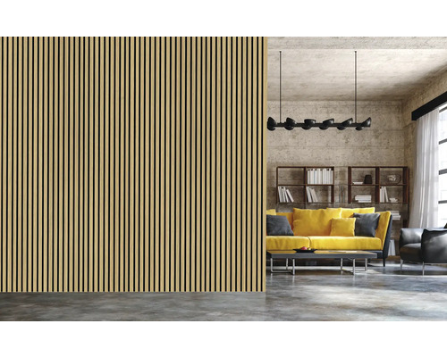 Cameră de zi cu panouri de perete din lemn și design canelat