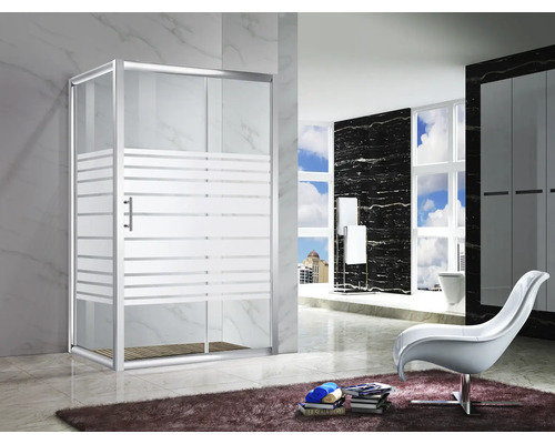 Baie cu cabină de duș cu ușă glisantă și dungi orizontale