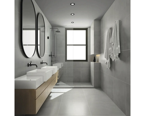 Baie modernă cu două chiuvete, oglinzi, duș și faianță gri