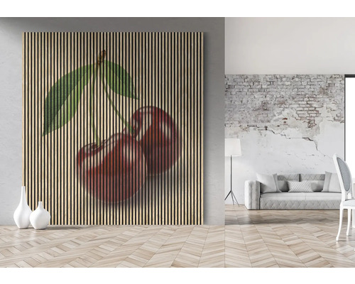 Tablou de perete cu motiv de cireșe, panouri de lemn în camera de zi