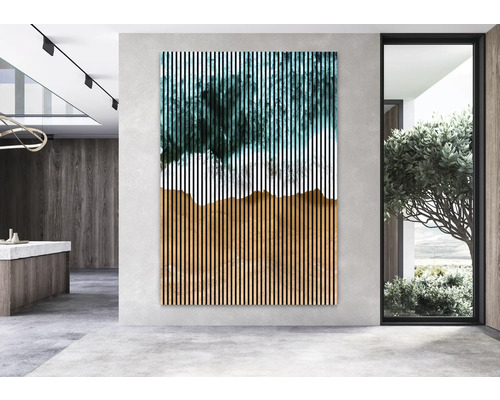 Panou decorativ de perete cu dungi verticale și model abstract într-un spațiu modern