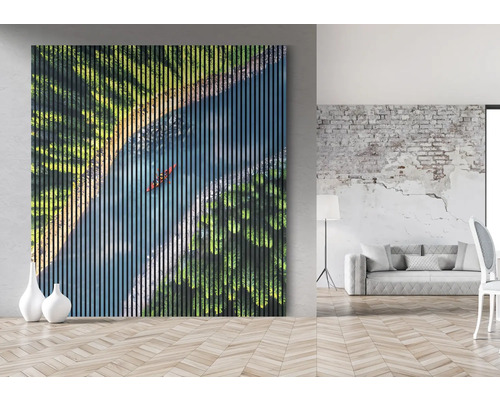 Imagine de perete cu râu, copaci și canoe în spațiul de locuit.