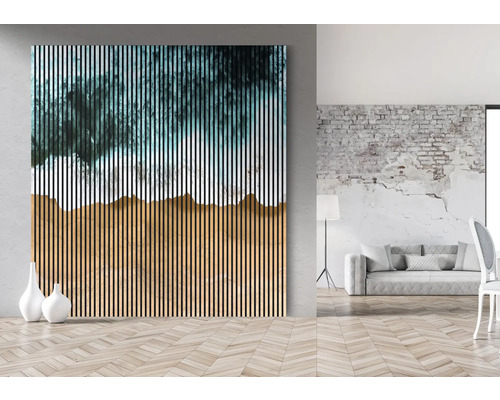 Cameră de zi cu panou de perete cu aspect de lemn și model abstract