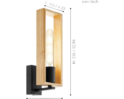 Lampa de perete cu cadru din lemn și bec, dimensiunile sunt afișate