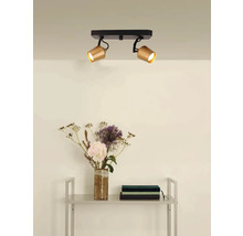 Lumină de tavan cu două spoturi cu aspect auriu și suport negru deasupra unui raft cu decorațiuni