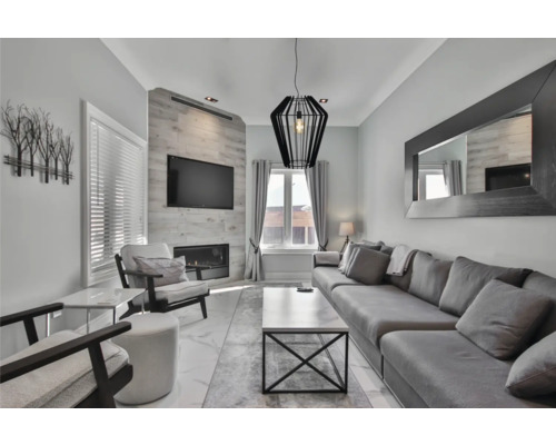 Living cu canapea, fotoliu, televizor și șemineu.