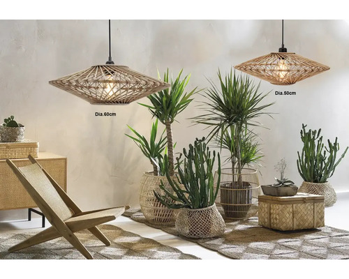Vedere a camerei cu două lămpi suspendate din ratan, plante, covor și mobilier din lemn