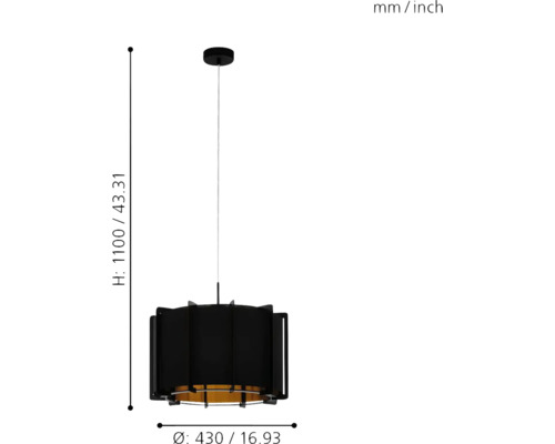 Lumină suspendată neagră cu un diametru de 430 mm și o înălțime de 1100 mm.