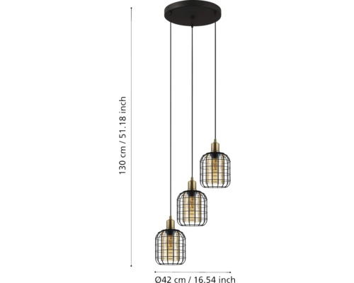 Lumină suspendată cu trei becuri, design cu grilaj metalic, 130 cm înălțime, 42 cm diametru