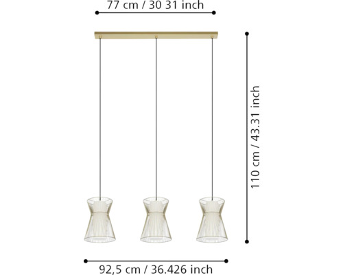 Dimensiunile unei lămpi suspendate cu trei abajururi