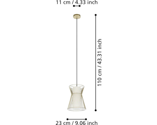Dimensiunile unei lămpi suspendate: baldachin cu diametrul de 11 centimetri, abajur cu diametrul de 23 centimetri, înălțime totală de 110 centimetri