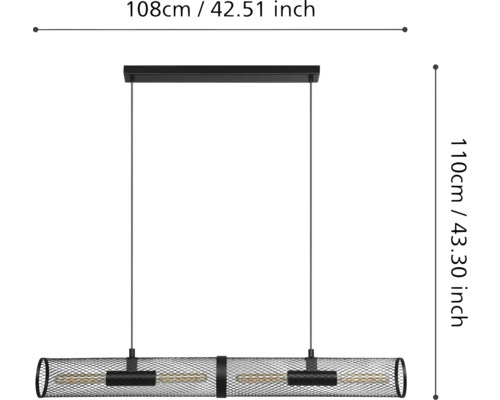 Ilustrație a unei lămpi suspendate cu dimensiunile de 108 pe 110 centimetri