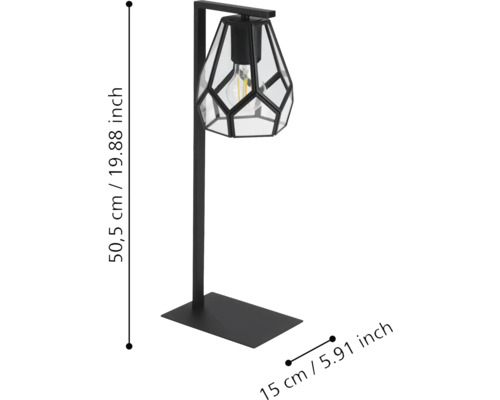 Lampă de masă cu abajur geometric și dimensiunile de 50,5 cm înălțime și 15 cm adâncime.