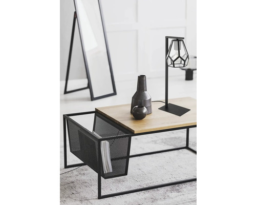 Living decorativ cu oglindă, lampă de masă și măsuță de cafea cu suport pentru reviste