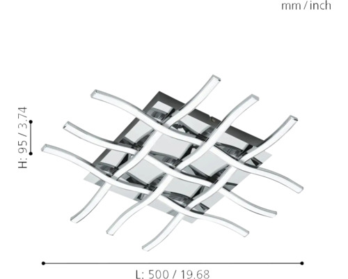 Lumină de tavan cu bază pătrată și elemente curbate