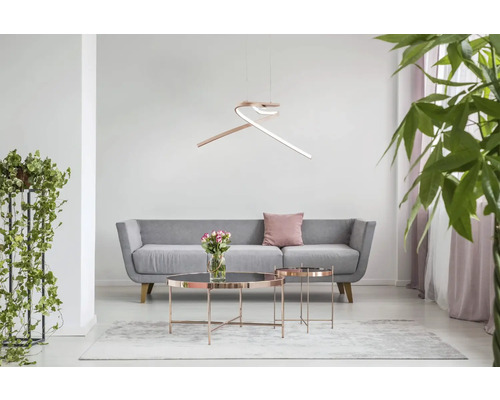 Pendul cu LED integrat Palozza 2x11W 3000 lumeni, alb/roz auriu (rose gold) Living cu design modern, canapea, măsuță de cafea și lampă suspendată
