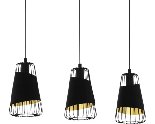 Trei lămpi suspendate negre cu abajur de sârmă și capac de material textil