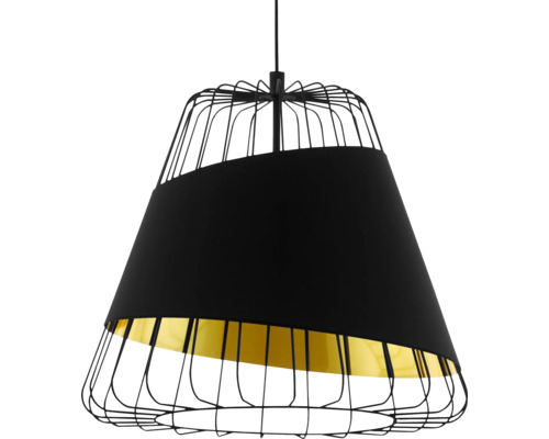 Lustr cu abajur din material textil negru și cadru din sârmă