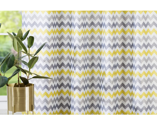 Cortină cu model în zig-zag și plantă de interior în ghiveci