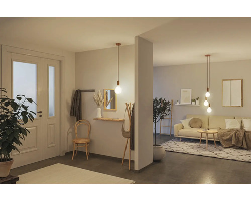 Living luminos cu ușă, plantă, garderobă, oglindă, comodă, scaun, lampă de podea, canapea, măsuță de cafea, covor și decorațiuni