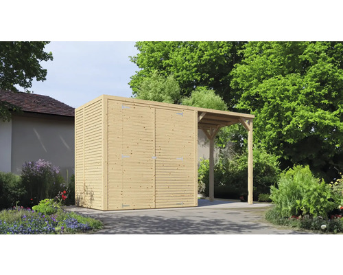 Cabină de grădină din lemn cu adăpost integrat în aer liber