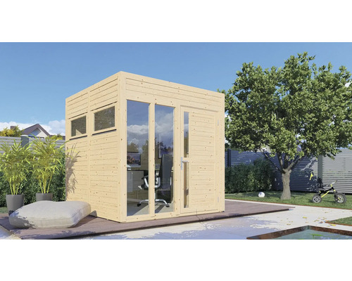 Cabină modernă de grădină din lemn, cu ferestre și ușă, pe o terasă