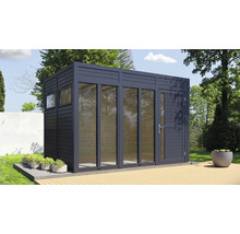 Cabină de grădină cu fereastră, ușă și jardinieră pe o terasă